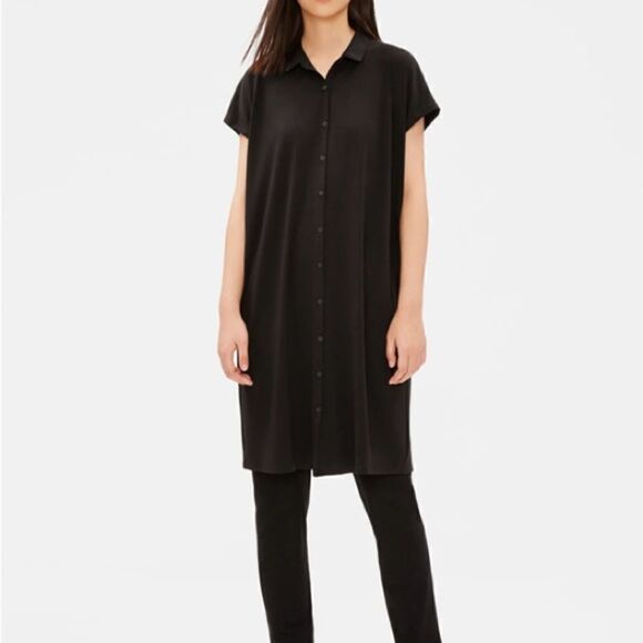EILEEN FISHER | Fine Tencel Jersey Button Oversized Black Shirtdress  | XS - Picture 5 of 6
